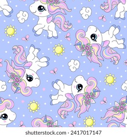 Seamless pattern with cute unicorns, butterflies and sun on a blue background. For children's fabric design, wallpaper, backgrounds, wrapping paper, scrapbooking, etc. Vector