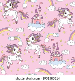 Seamless pattern cute unicorns, castle and in the cloudy sky isolated on pink background. Vector illustration for party, print, baby shower,wallpaper,design, decor,design cushion,linen,dishes, t-shirt