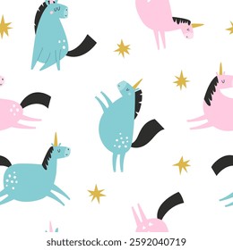 Seamless pattern with cute unicorns in a childish flat style. Perfect for wrapping paper, decorations, prints, gift boxes, etc