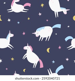 Seamless pattern with cute unicorns in a childish flat style. Perfect for wrapping paper, decorations, prints, gift boxes, etc
