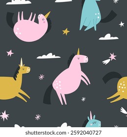 Seamless pattern with cute unicorns in a childish flat style. Perfect for wrapping paper, decorations, prints, gift boxes, etc