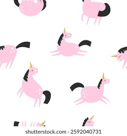 Seamless pattern with cute unicorns in a childish flat style. Perfect for wrapping paper, decorations, prints, gift boxes, etc