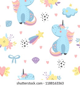 Seamless pattern with cute unicorns, clouds and flowers. Kids background in vector. Perfect for wrapping presents, scrapbook pages, cards or party decorations.