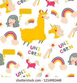 Seamless Pattern with Cute Unicorns, Clouds, Rainbow, Stars and Other.