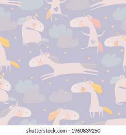 Seamless Pattern with cute Unicorns, Clouds and Stars. Magic Background with little Unicorns