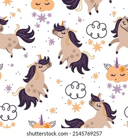 Seamless pattern with cute unicorns, clouds and stars. Creative texture for any kids design, fabric, wrapping, wallpaper, textile and apparel