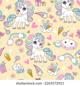 Seamless pattern with cute unicorns, clouds, rainbows and magic elements on a yellow background. Vector illustration for party, print, baby shower, wallpaper, design, decor, dishes, bed linen, apparel