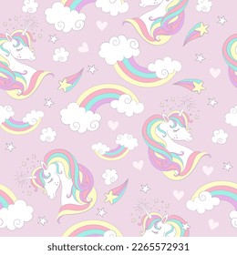 Seamless pattern with cute unicorns, clouds, rainbows and magic elements on a pink background. Vector illustration. For party, print, baby shower, wallpaper, design, decor, dishes, bed linen, apparel