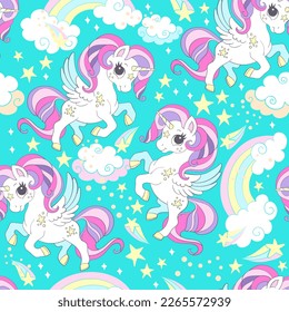 Seamless pattern with cute unicorns, clouds, stars and magic elements on a turquoise background. Vector illustration. For party, print, baby shower, wallpaper, design, decor, dishes, bed linen