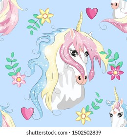 Seamless pattern with cute unicorns, clouds,rainbow and stars. Magic background with little unicorns.