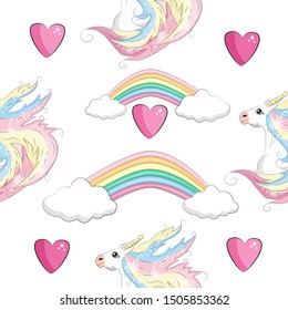 Seamless pattern with cute unicorns, clouds,rainbow and stars. Magic background with little unicorns.