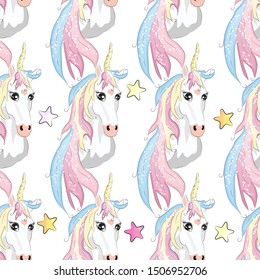 Seamless pattern with cute unicorns, clouds,rainbow and stars. Magic background with little unicorns.