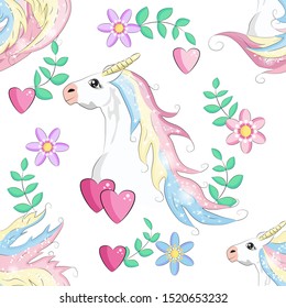 Seamless pattern with cute unicorns, clouds,rainbow and stars. Magic background with little unicorns.