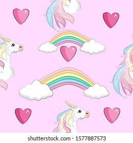 Seamless pattern with cute unicorns, clouds,rainbow and stars. Magic background with little unicorns.