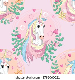 seamless pattern with cute unicorns, clouds,rainbow and stars. Magic background with little unicorns