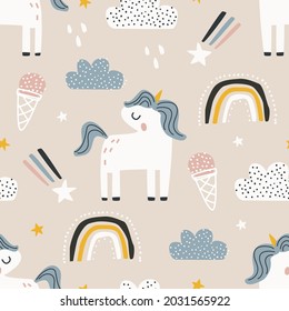 Seamless pattern with cute unicorns and decorative elements of flowers, clouds, rainbows and ice cream isolated on a pastel background. Vector illustration for printing on fabric, packaging paper