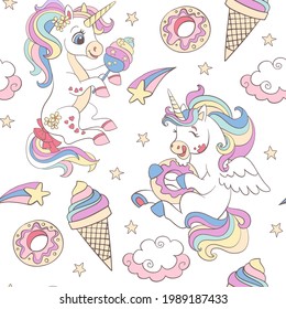 Seamless pattern with cute unicorns eat donuts, cotton candy and ice cream on white background. Vector illustration for party, print, baby shower, wallpaper, design, decor, linen, bed linen, apparel