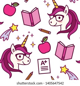 Seamless pattern with cute unicorns with eyeglasses, shooting stars, apples, textbooks, pencils, A-plus test results. Repeat vector pattern for school theme print, gift wrap, wallpaper, fabric textile