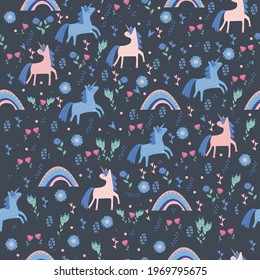 Seamless pattern with cute unicorns and flowers, rainbows and other details. Vector illustration 