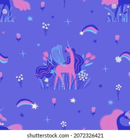 Seamless pattern with cute unicorns, flowers and stars. Colorful fairy tale wall paper for kids room or nursery. Girls fabric design.