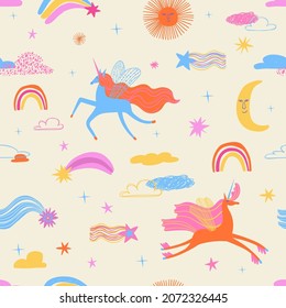 Seamless pattern with cute unicorns flying in the sky. Colorful fairy tale wall paper for kids room or nursery. Girls fabric design.