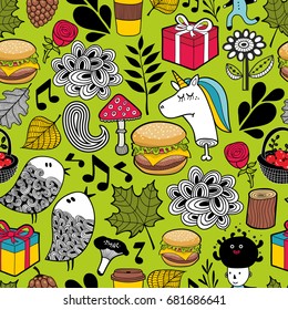 Seamless pattern with cute unicorns and forest animals. Endless vector background for kids.