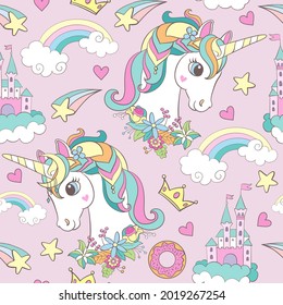 Seamless pattern with cute unicorns heads, castles and rainbows on pink background. Vector illustration in trendy colors for print, baby shower, wallpaper, design, decor, dishes, bed linen, apparel