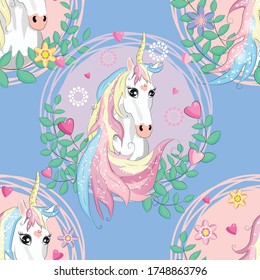 seamless pattern with cute unicorns, heart, rainbow and stars. Magic background with little unicorns.