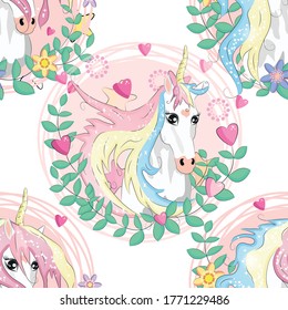seamless pattern with cute unicorns, heart, rainbow and stars. Magic background with little unicorns.