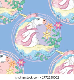 seamless pattern with cute unicorns, heart, clouds, rainbow and stars. Magic background with little unicorns.
