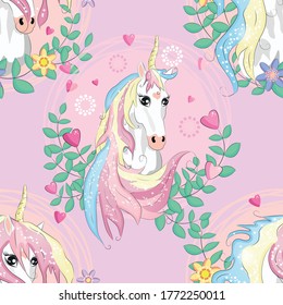seamless pattern with cute unicorns, heart, rainbow and stars. Magic background with little unicorns.