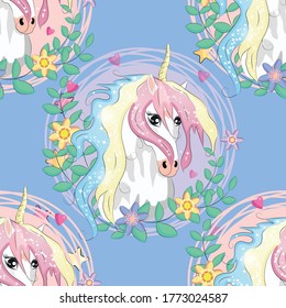 seamless pattern with cute unicorns, heart, clouds, rainbow and stars. Magic background with little unicorns.