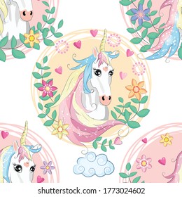 patrón impecable con unicornios bonitos, corazón, arco iris y estrellas. Fondo mágico con pequeños unicornios.