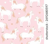 Seamless pattern with cute unicorns and hearts. Pastel pink palette. Vector illustration