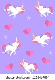 Seamless pattern with cute unicorns and hearts on violet background. Trendy print for textile, wrapping paper, cards etc.