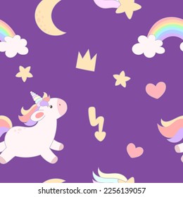 Seamless pattern with cute unicorns, hearts, rainbows, crown, lightning and moon