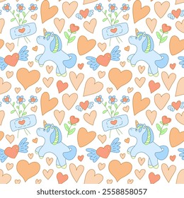 Seamless pattern with cute unicorns, hearts, and floral bouquets in light pastel colors.