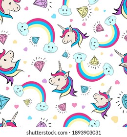 Seamless pattern with cute unicorns and magic items. Colorful background with bright rainbows, flowers and stars. Set of multicolored rainbows and magic items.