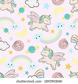 Seamless pattern with cute unicorns and magic items. Colorful background with bright rainbows, flowers and stars. Set of multicolored rainbows and magic items.