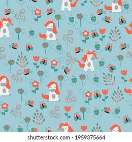 Seamless pattern of cute unicorns and magic flowers and other plants. Vector illustration 

