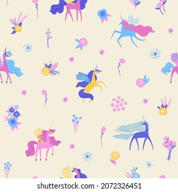 Seamless pattern with cute unicorns and meadow flowers. Colorful fairy tale wall paper for kids room or nursery. Girls fabric design.