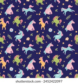 Patrón sin costuras con lindos unicornios.  Una criatura mitológica y mágica. Diseño para tela, textiles, Fondo de pantalla, embalaje.