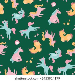 Patrón sin costuras con lindos unicornios. Una criatura mitológica y mágica. Diseño para tela, textiles, Fondo de pantalla, embalaje.	