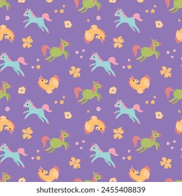 Patrón sin costuras con lindos unicornios. Una criatura mitológica y mágica. Diseño para tela, textiles, Fondo de pantalla, embalaje.	