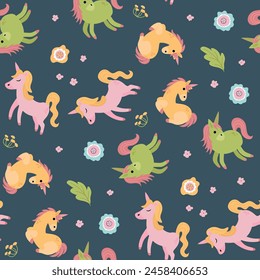 Patrón sin costuras con lindos unicornios. Una criatura mitológica y mágica. Diseño para tela, textiles, Fondo de pantalla, embalaje.	
