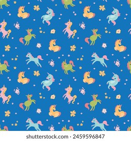 Patrón sin costuras con lindos unicornios. Una criatura mitológica y mágica. Diseño para tela, textiles, Fondo de pantalla, embalaje.	
