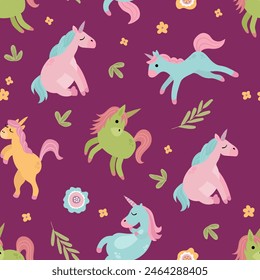 Patrón sin costuras con lindos unicornios. Una criatura mitológica y mágica. Diseño para tela, textiles, Fondo de pantalla, embalaje.	
