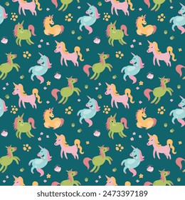 Patrón sin costuras con lindos unicornios. Una criatura mitológica y mágica. Diseño para tela, textiles, Fondo de pantalla, embalaje.	
