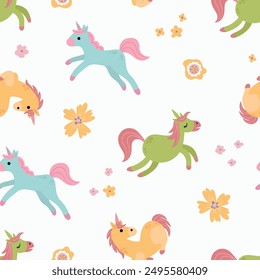 Patrón sin fisuras con lindos unicornios. Una criatura mitológica y mágica. Diseño para tela, textiles, Fondo de pantalla, embalaje.	