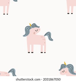 Seamless pattern with cute unicorns on a white background. Vector illustration for printing on fabric, packaging paper, postcard. Cute children's background